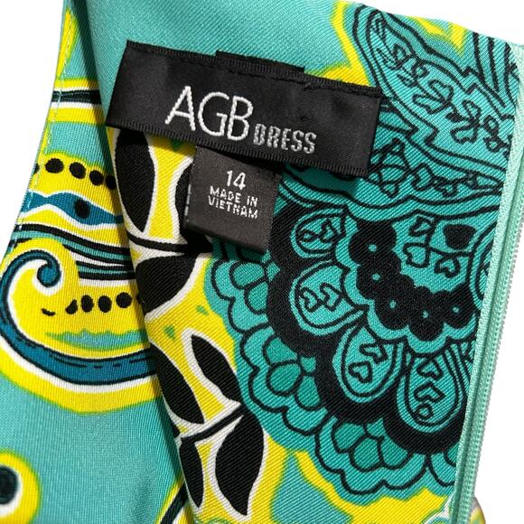 AGB Womens Dress 14 Teal‎ Floral Paisley Fit Flare Mid Length Boho Retro Mod - Picture 2 of 13